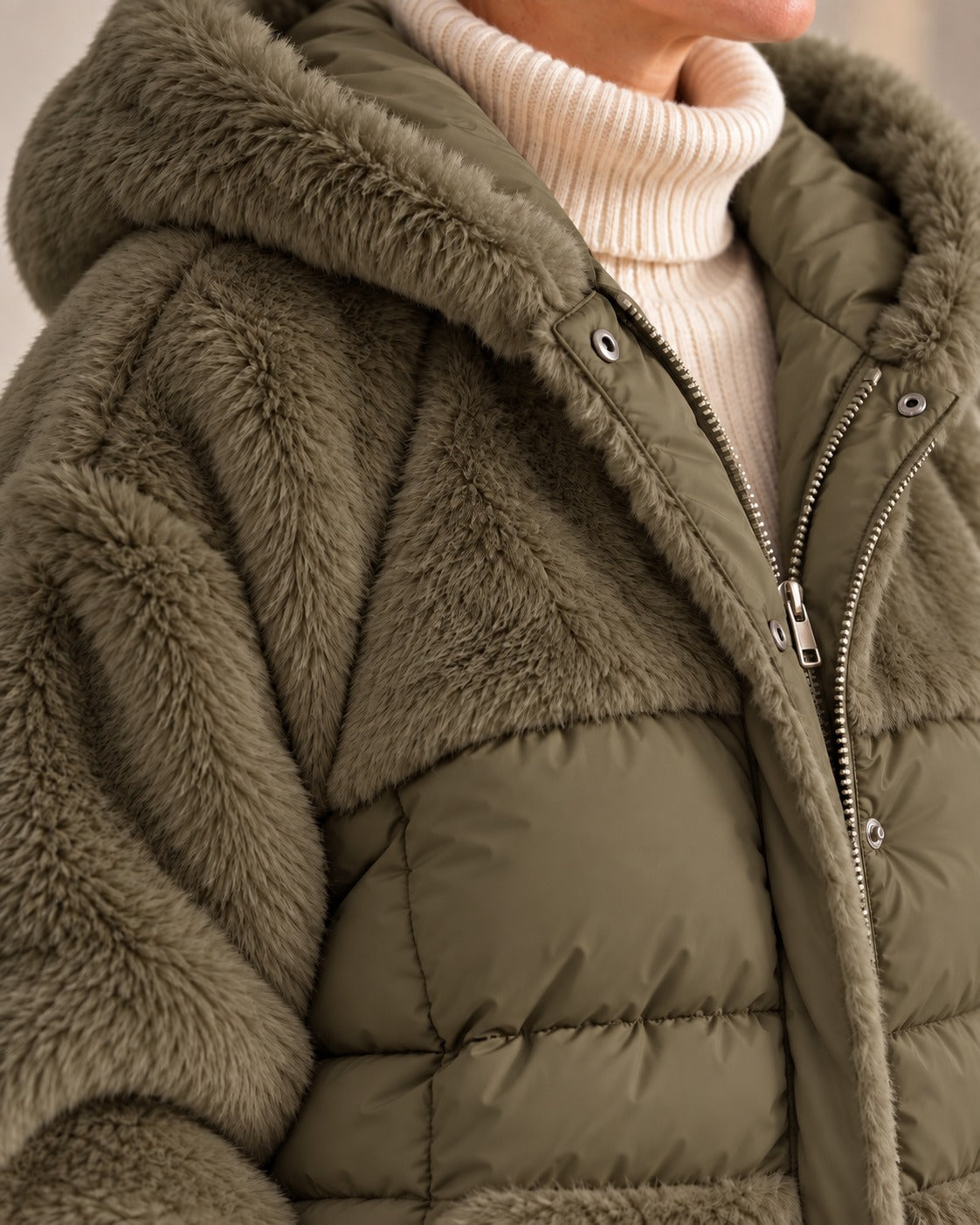 Veste à capuche en fausse fourrure — Kaki, détail de la fausse fourrure et du matelassé