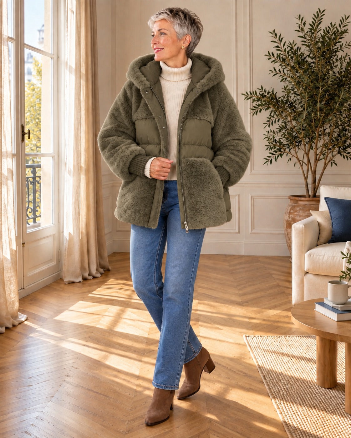 Veste à capuche en fausse fourrure — Kaki, portée avec un jean