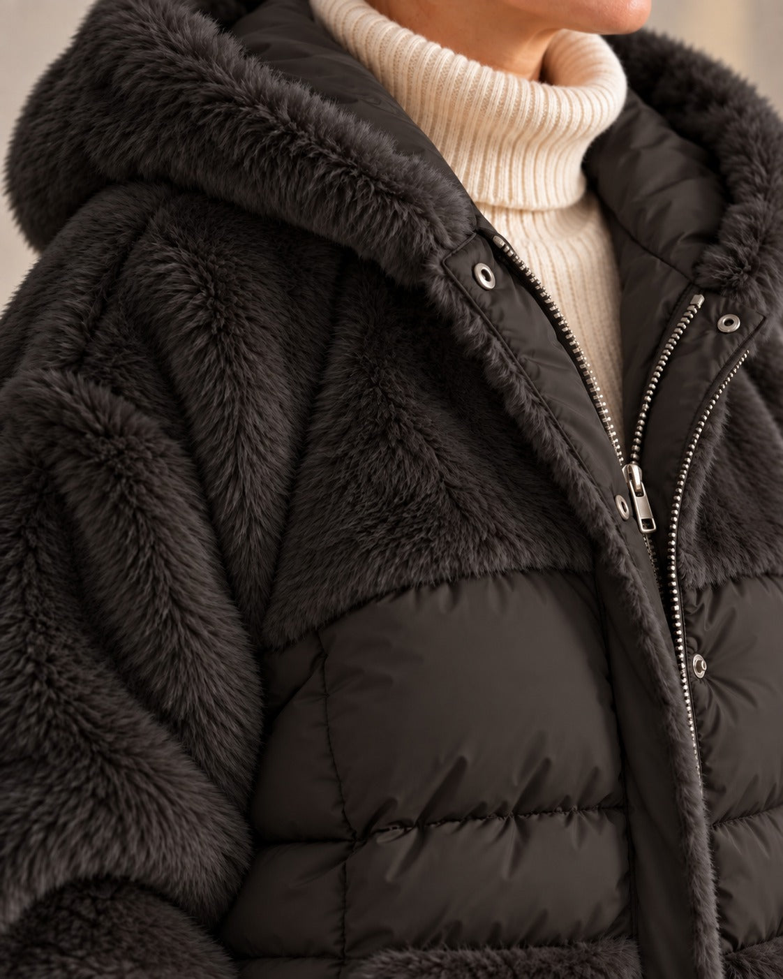 Veste à capuche en fausse fourrure — Noir, détail de la fausse fourrure et du matelassé
