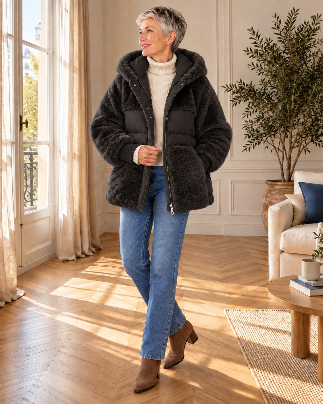 Veste à capuche en fausse fourrure — Noir, portée avec un jean