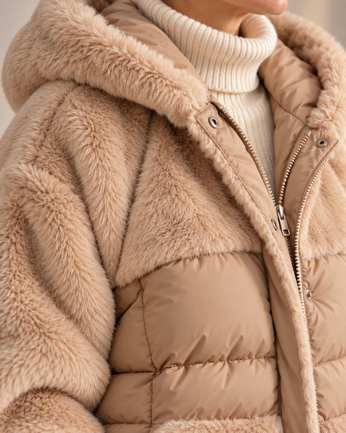 Veste à capuche en fausse fourrure — Sable, détail de la fausse fourrure et du matelassé