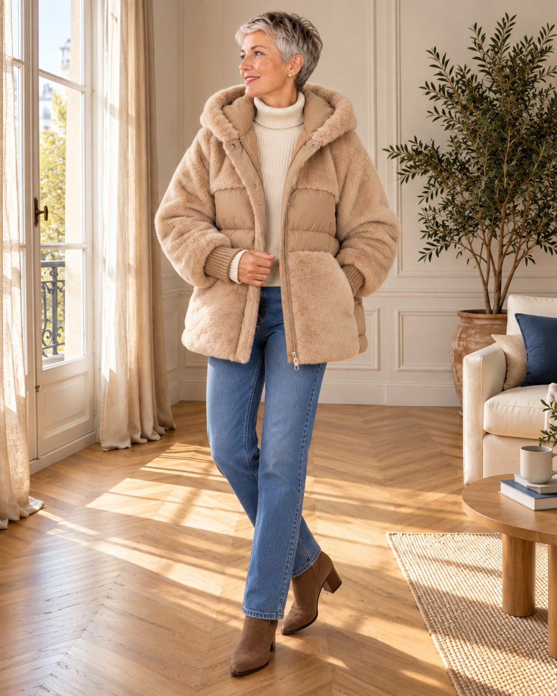 Veste à capuche en fausse fourrure — Sable, portée avec un jean