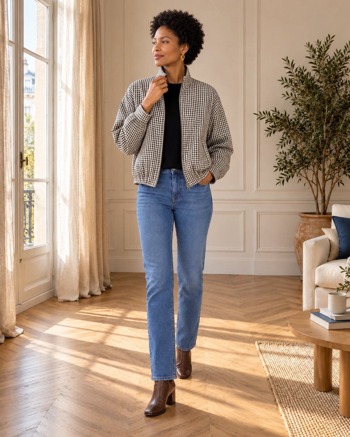 Veste à carreaux zippée — Noir et écru, portée avec un jean